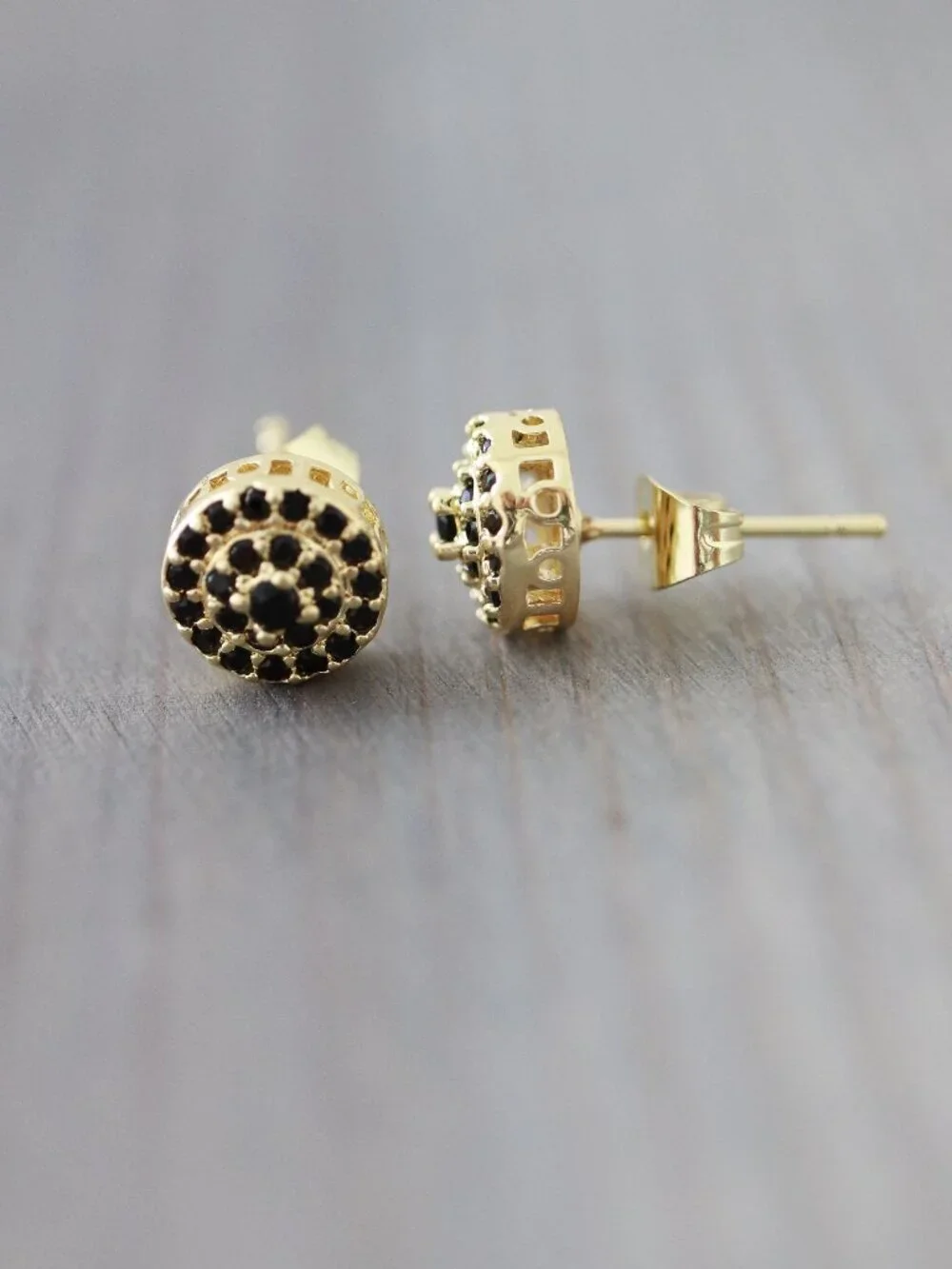 Round Pave Black CZ Diamond Stud Earrings 18k Gold Plated Stainless Steel